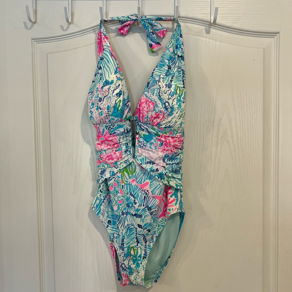 Lilly Pulitzer Zanzibar Blue Party Princess Lanai Halter One Piece Swimsuit Sz 2
